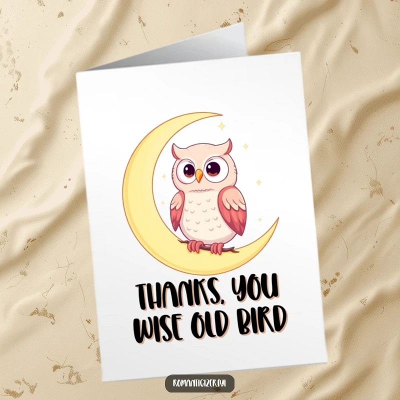 Funny Free Printable Thank You Card: Romantic owl on a crescent moon, bathed in starlight, expressing thanks.