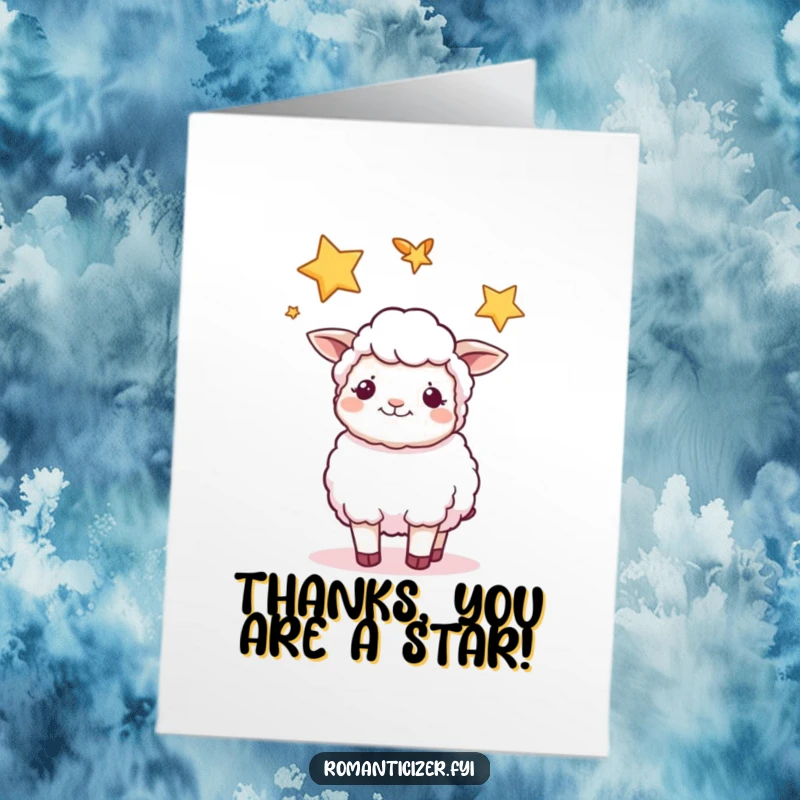 Funny Free Printable Thank You Card: Content sheep gazing at intertwined stars, perfect for expressing thanks serenely.