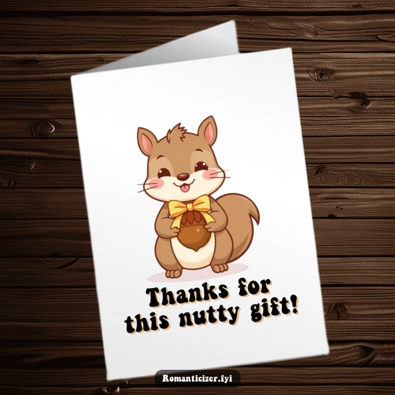Funny Free Printable Thank You Card: Cheerful squirrel presenting a ribbon-wrapped acorn, a symbol of thoughtful appreciation.