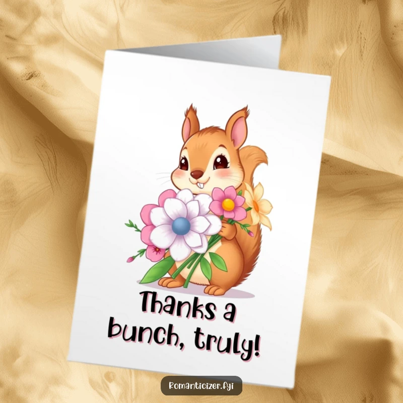 Funny Free Printable Thank You Card: A squirrel offers huge flowers, a humorous way to download and express gratitude, print at home.