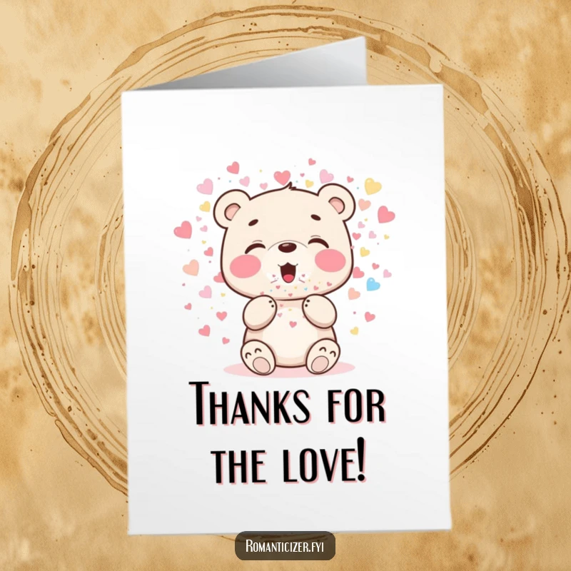 Funny Free Printable Thank You Card: Cheerful bear cub blowing a cascade of sparkling heart-shaped confetti.