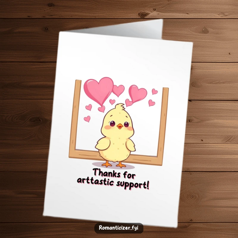 Funny Free Printable Thank You Card: A devoted chick admires a heart painting, a unique way to express gratitude.