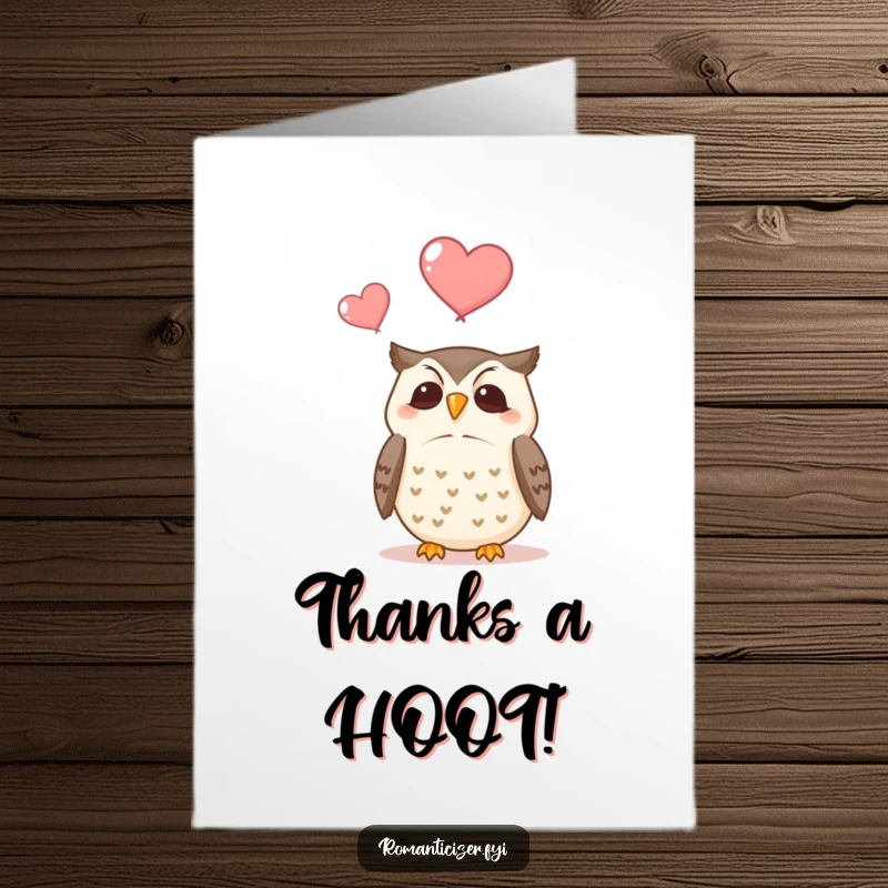 Funny Free Printable Thank You Card: A serene owl watches two hearts float up, expressing sincere thanks.