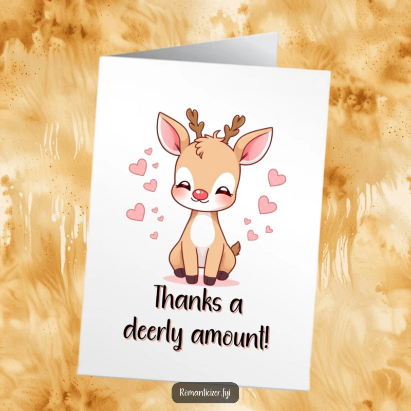 Funny Free Printable Thank You Card: Gentle deer blows a kiss, tiny hearts floating around it to say thanks.