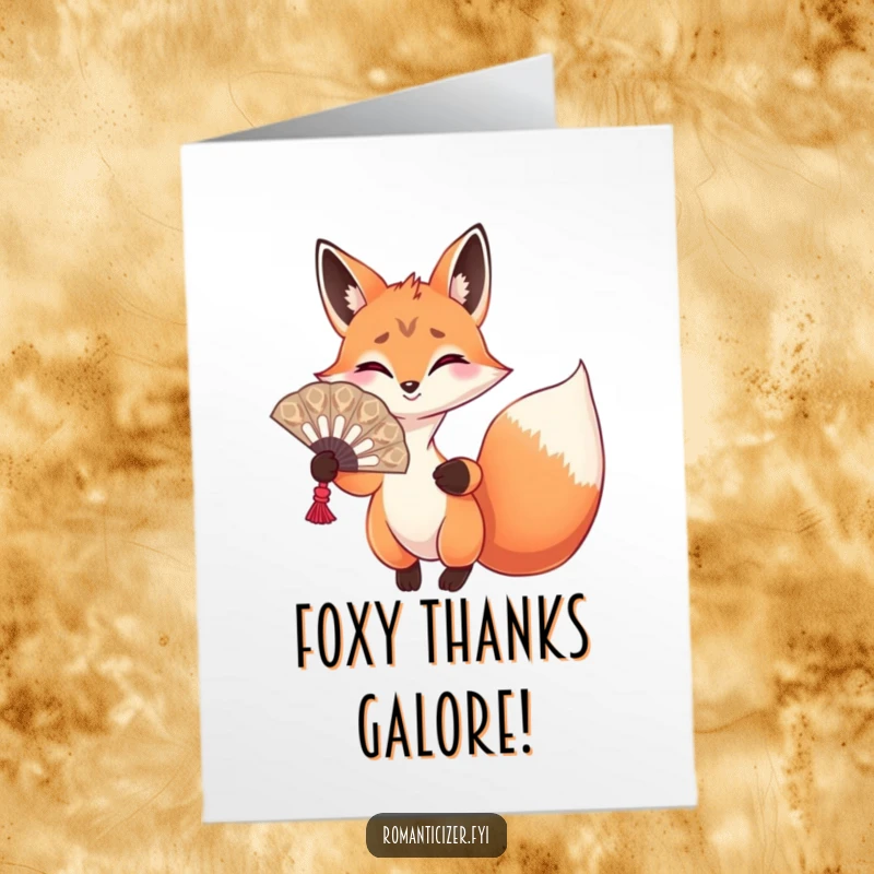 Funny Free Printable Thank You Card: Playful fox holding an ornate fan, gesturing dramatically to express thanks.