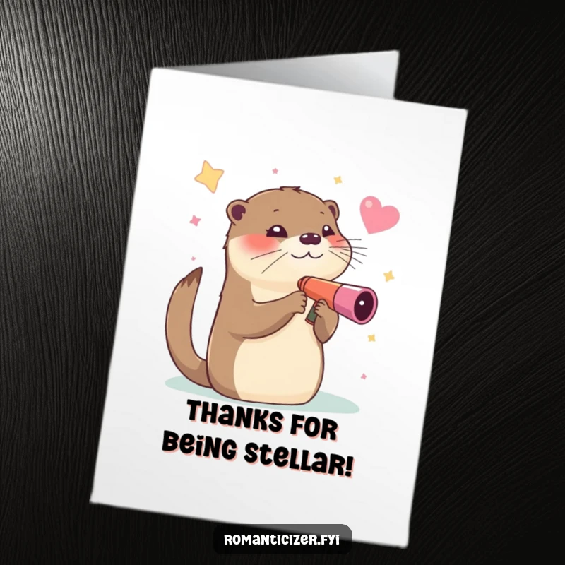 Funny Free Printable Thank You Card: A winking otter observing stars through a heart-shaped telescope, expressing gratitude.