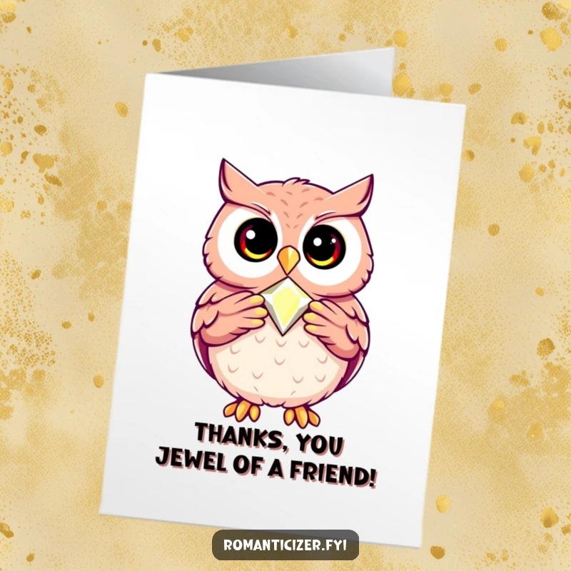 Funny Free Printable Thank You Card: A happy owl showcases a gleaming jewel, offering profound thanks with pride.