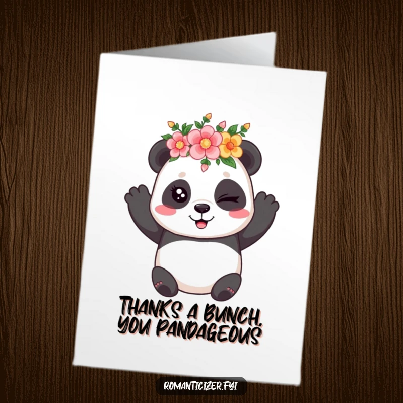 Funny Free Printable Thank You Card: A playful panda wearing a flower crown winks coyly, expressing thanks.