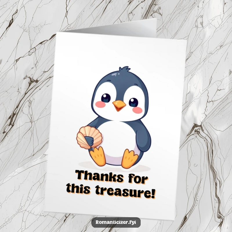 Funny Free Printable Thank You Card: A happy penguin offers a seashell with a smile, a unique thank you gesture.