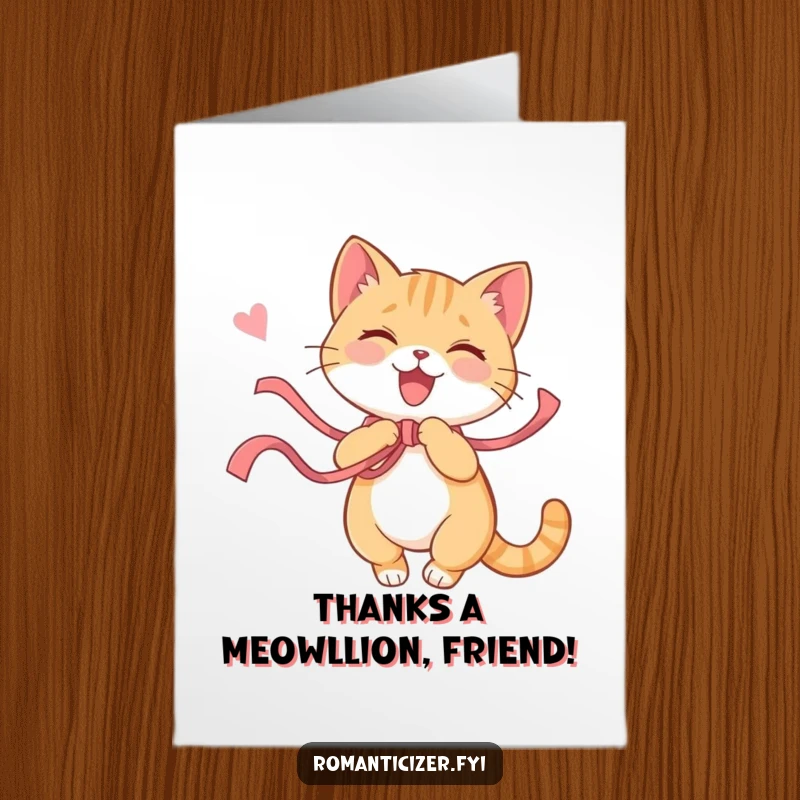 Funny Free Printable Thank You Card: A playful cat engrossed in twirling with a ribbon, expressing gratitude with joy.