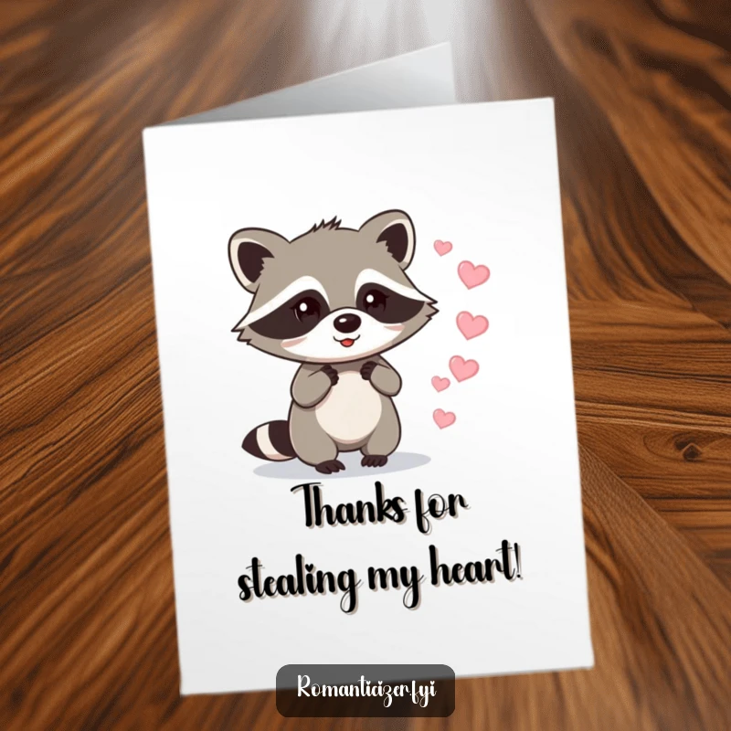 Free Printable Thank You Card: Mischievous raccoon leaving a trail of sparkling hearts, signifying heartfelt thanks.