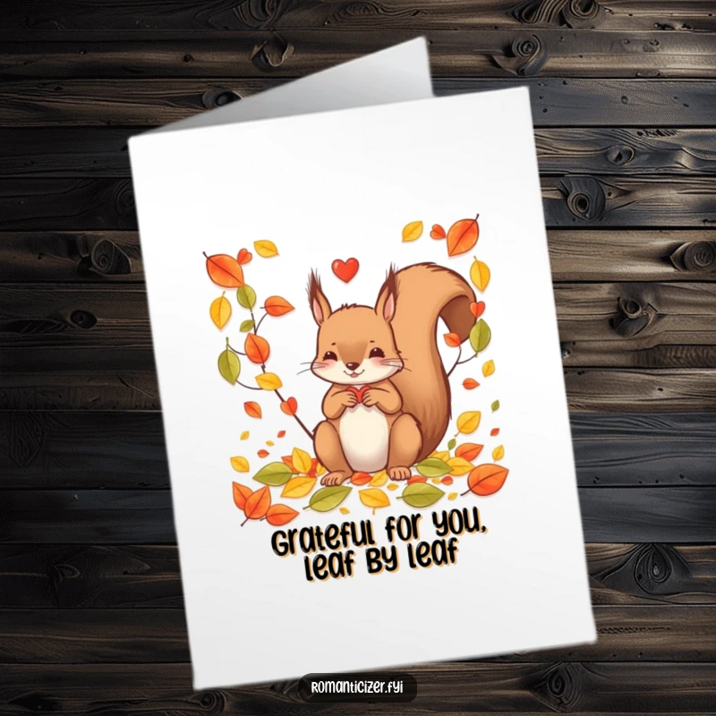 Funny Free Printable Thank You Card: A creative squirrel forms a heart from autumn leaves, expressing sincere thanks.