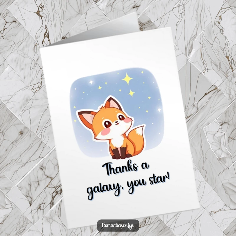 Funny Free Printable Thank You Card: A fox mesmerized by the starry sky, conveying deep appreciation with a twinkle.