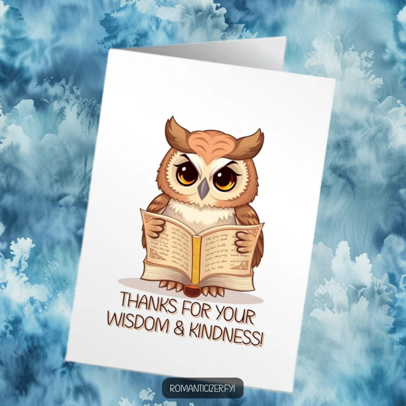 Free Printable Thank You Card: Wise owl reading poetry, signifying deep thought and heartfelt thanks.