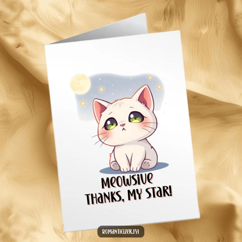 Funny Free Printable Thank You Card: A dreamy cat gazes at the moon, stars shimmering in its eyes.