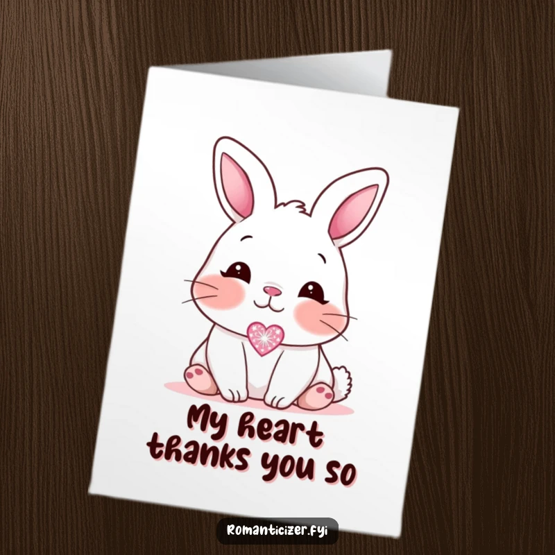 Funny Free Printable Thank You Card: Blushing bunny looking affectionately at a sparkling heart icon, expressing thanks.