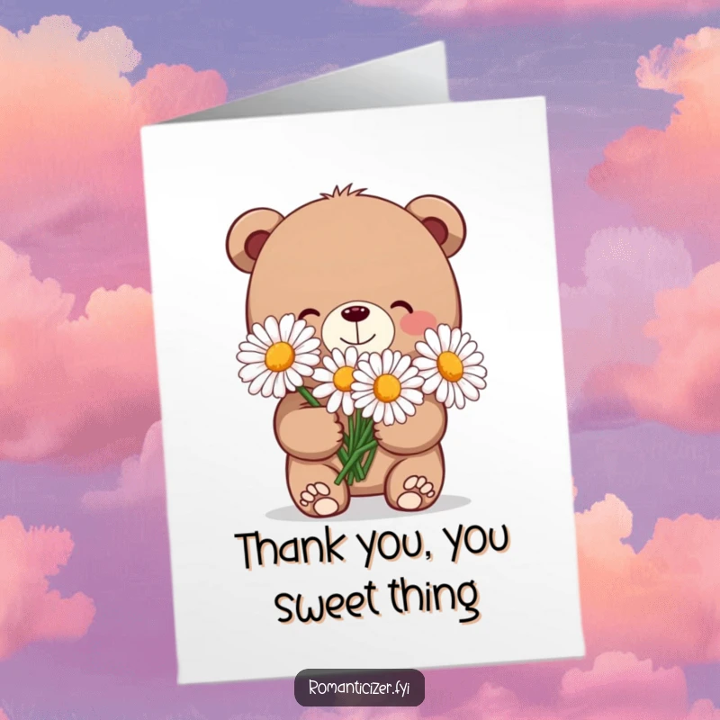 Funny Free Printable Thank You Card: A shy bear offers a shy grin while presenting a bouquet of oversized daisies.