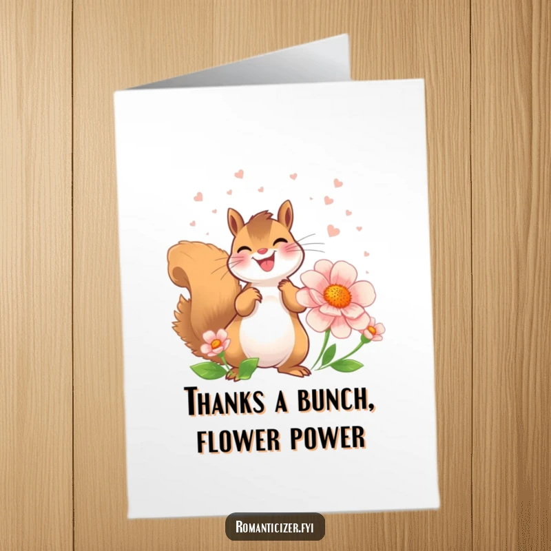 Free Printable Thank You Card: A joyful squirrel showers a flower with sweet-smelling perfume, offering thanks with a delightful flourish.