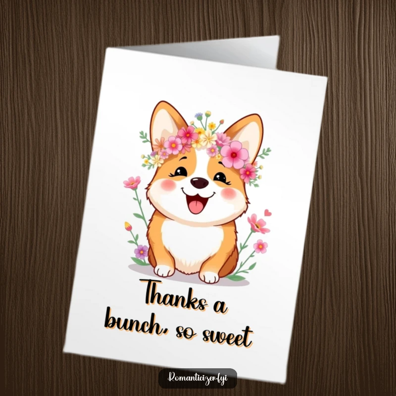 Funny Free Printable Thank You Card: A sweet corgi smiles, adorned with a crown of wildflowers, sending thanks. Downloadable and charming.