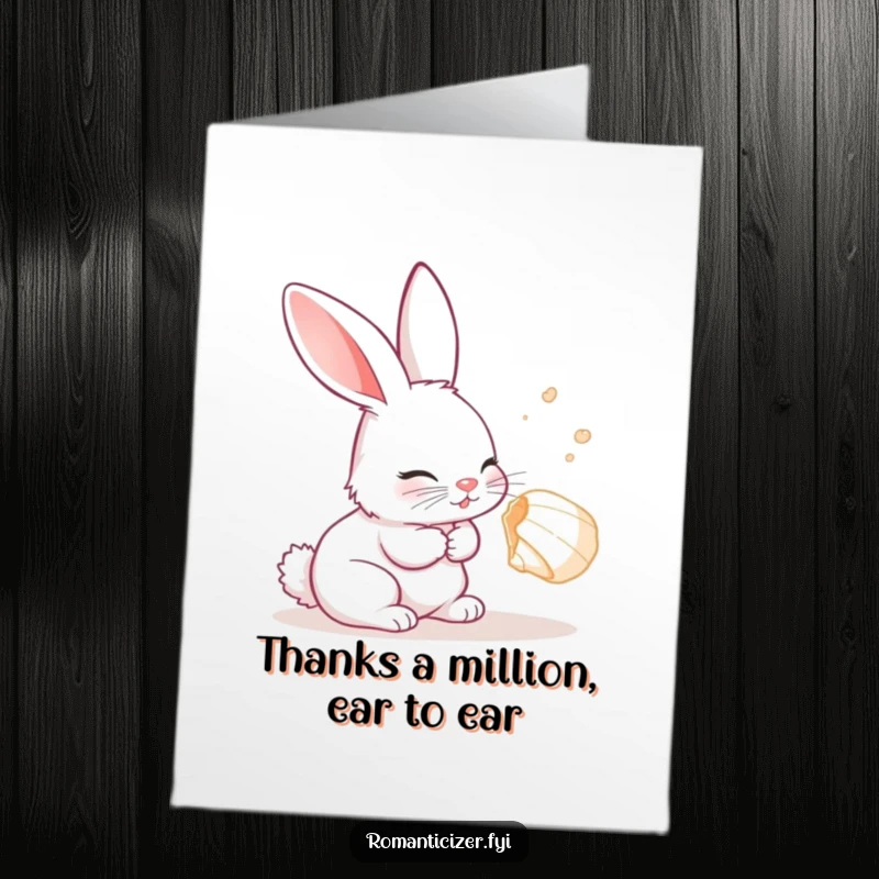 Free Printable Thank You Card: A curious rabbit listens with delight to a whispering seashell, conveying thanks with an artistic touch.