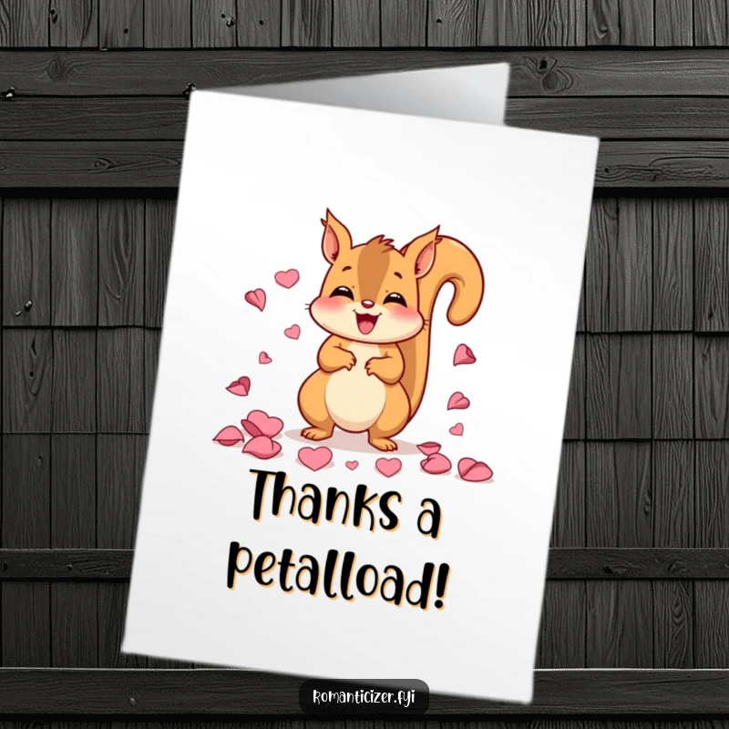 Funny Free Printable Thank You Card: A happy squirrel scattering rose petals to express gratitude.