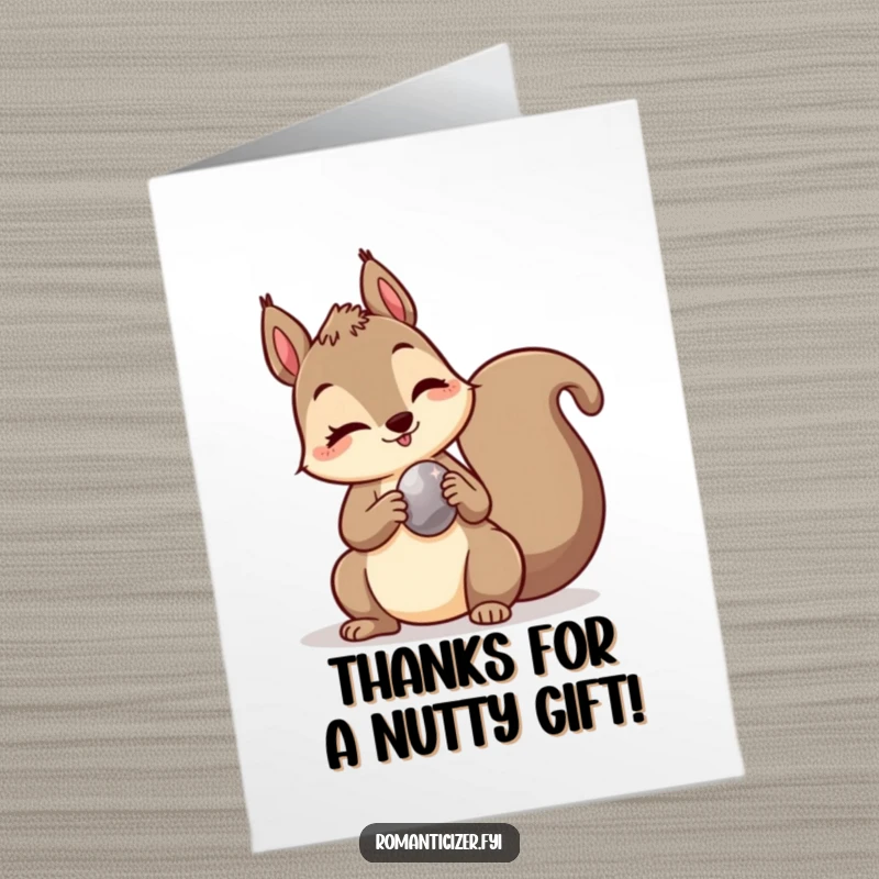 Funny free printable thank you card depicting a squirrel winking as it gifts a shiny pebble, a charming and humorous token of thanks.