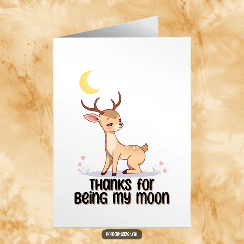 Funny Free Printable Thank You Card: A romantic deer looking at the crescent moon, symbolizing deep heartfelt thanks.