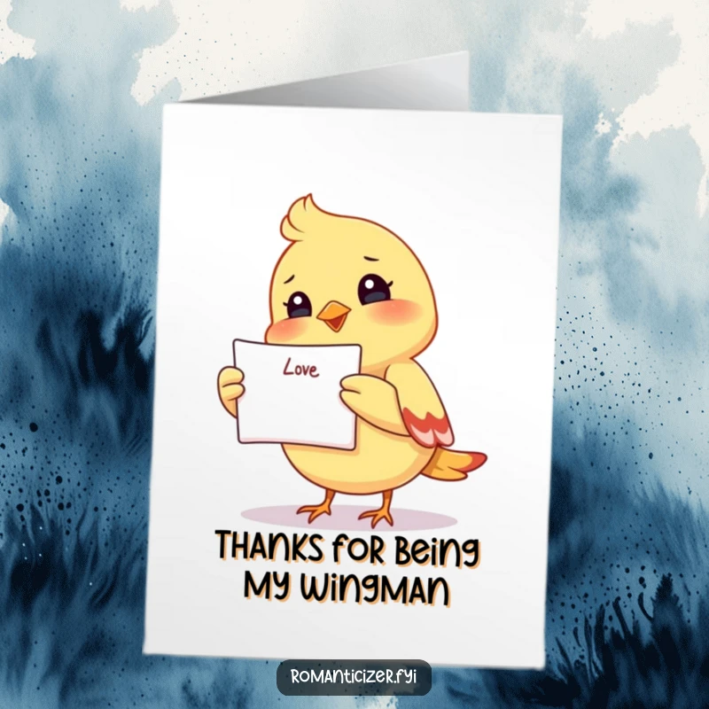 Funny free printable thank you card: A small bird smiles brightly while holding a love letter high.