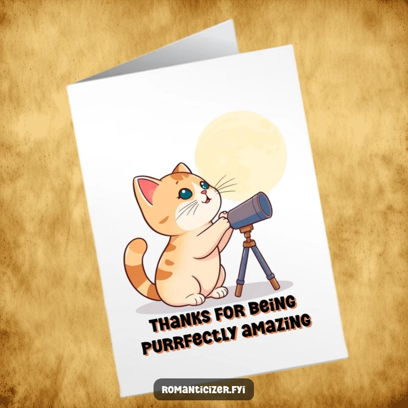 Funny Free Printable Thank You Card: A cat with a telescope looks towards the stars, conveying thanks with humor.