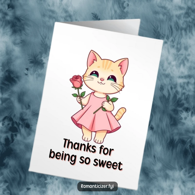 Funny Free Printable Cat Thank You Card: An elegant cat in a beautiful dress offers a single rose, expressing profound thanks with gentle charm.