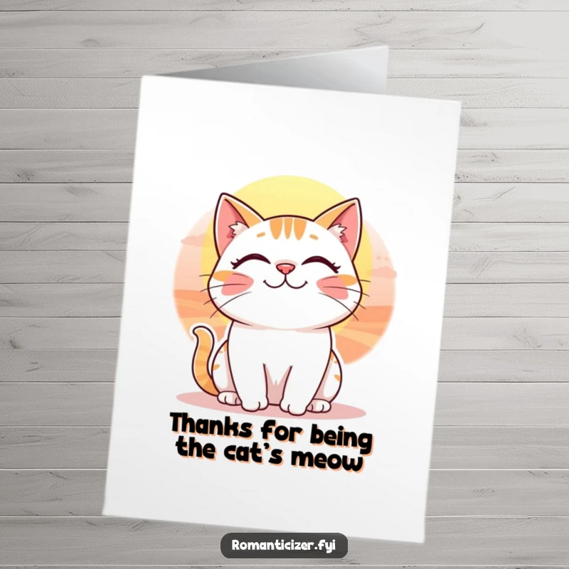 Funny Free Printable Thank You Card: A whimsical cat smiles peacefully watching a stunning sunset.