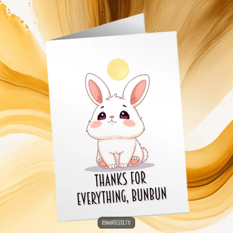 Funny Free Printable Thank You Card depicting a bunny with wide, adoring eyes looking at the moon.