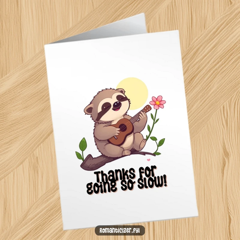 Funny Free Printable Thank You Card: A sloth strumming a miniature guitar, serenading a flower under the moon.