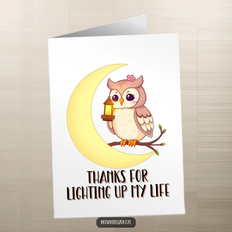 Charming Free Printable Thank You Card: Owl on a moon with lantern, conveying thanks warmly.