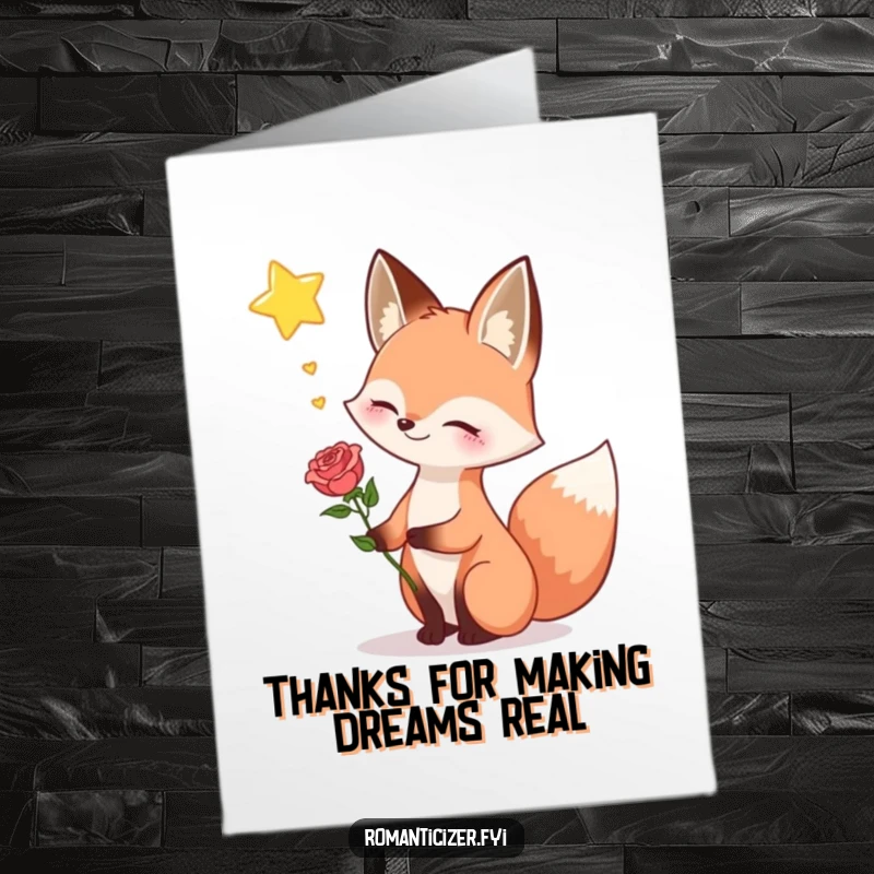Funny Free Printable Thank You Card: Happy fox holding a rose, sighing dreamily towards a star, expressing thanks.