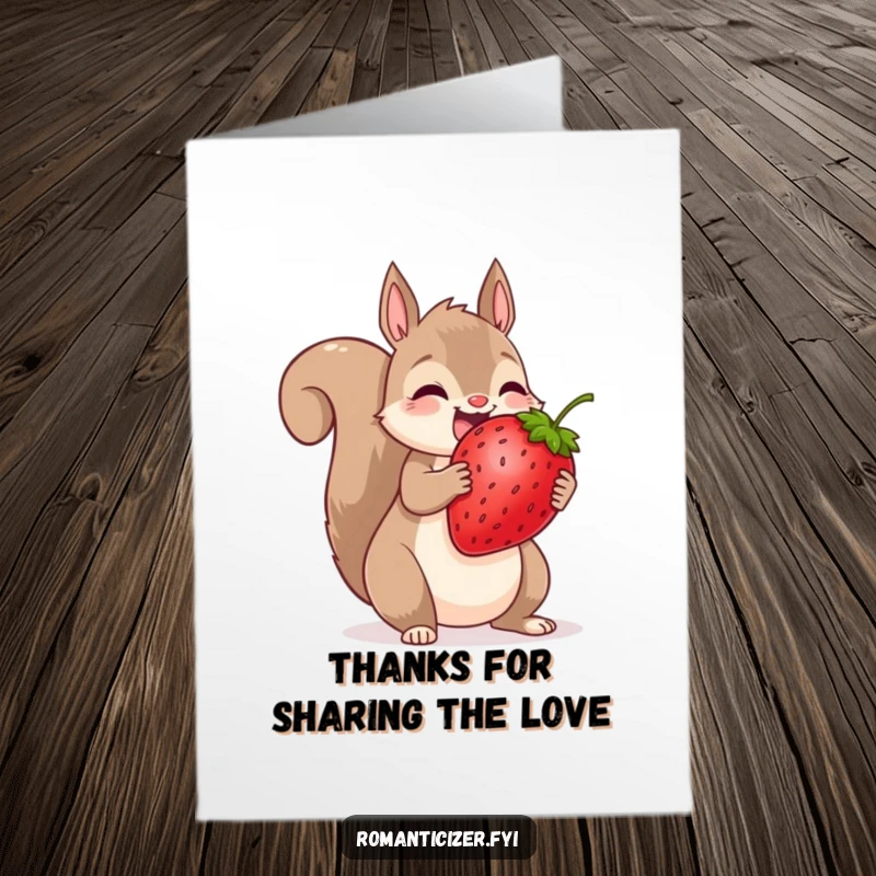 Funny free printable thank you card: a delighted squirrel offers a huge strawberry, symbolizing a generous thank you.