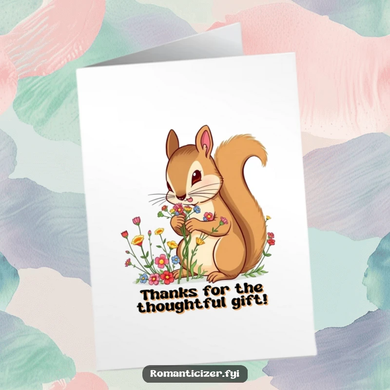 Free Printable Thank You Card: Determined squirrel holding a tiny, perfect bouquet of wildflowers, saying thanks.