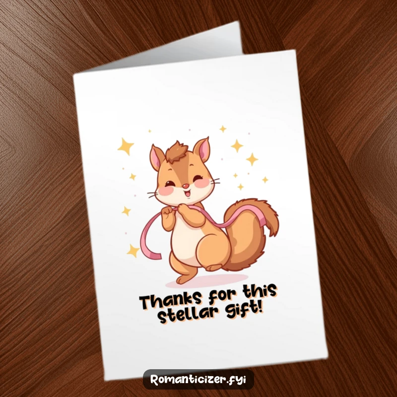 Funny Free Printable Thank You Card: A playful squirrel twirls with a ribbon under stars, conveying sparkling gratitude.