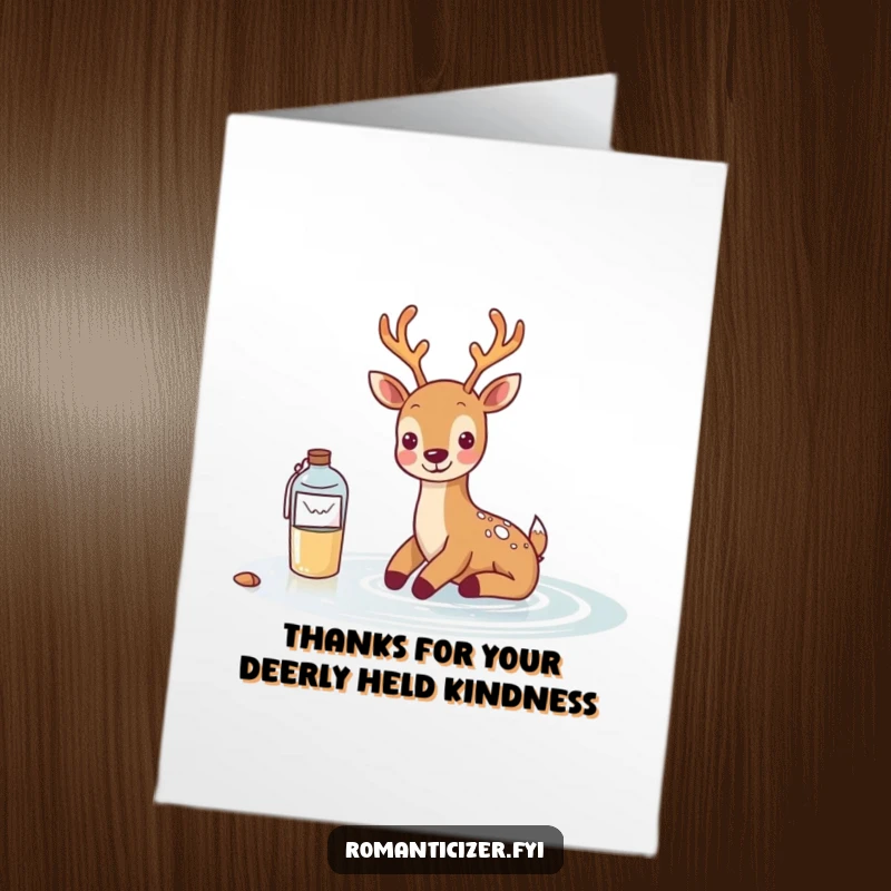 Funny Free Printable Thank You Card: A smiling deer sends a grateful message in a bottle across serene waters.