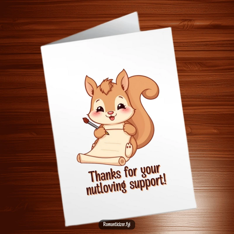 Funny Free Printable Thank You Card: A squirrel engrossed in writing poetry on a scroll with a quill, saying thanks.