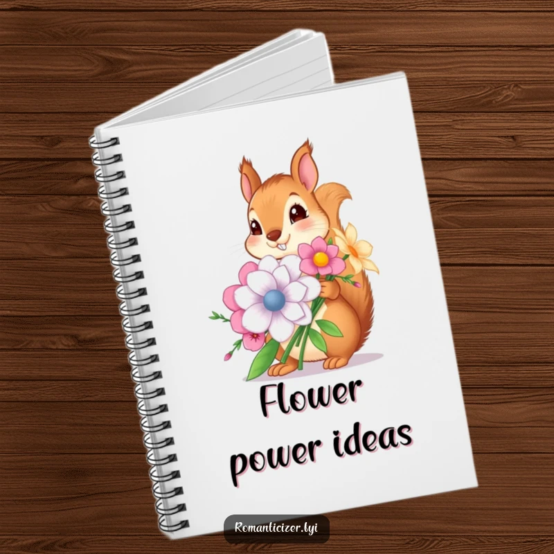 Funny notebook with a squirrel holding an oversized flower bouquet, ideal for writing and drawing, a practical funny gift.