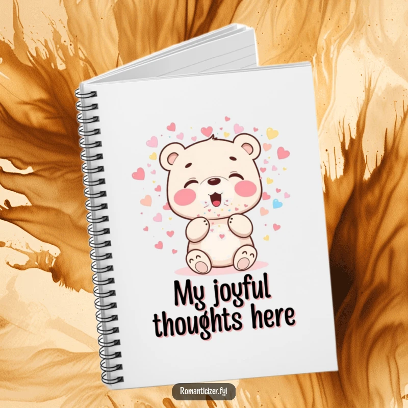 Funny bear cub notebook with a cheerful cub blowing heart confetti, perfect for jotting down celebration plans.