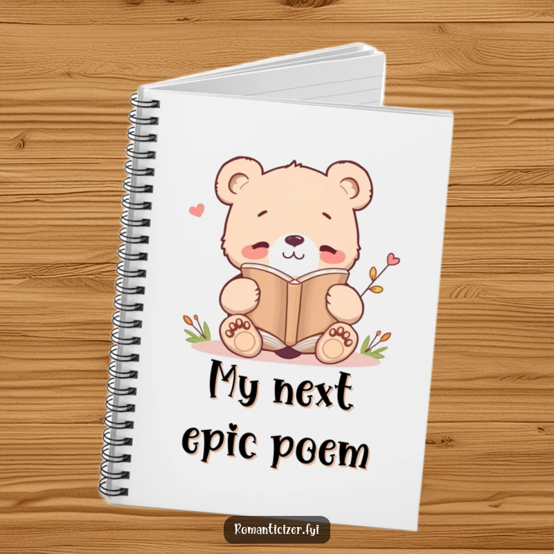 Funny notebook featuring a bear cub engrossed in reading a poetry book, perfect for jotting down creative ideas and thoughts.
