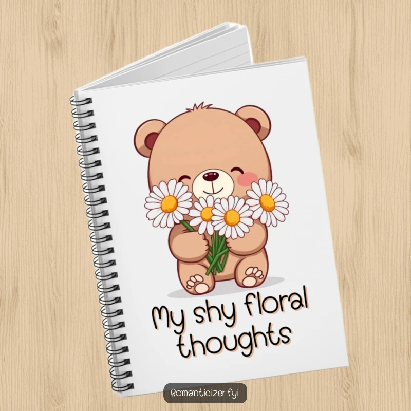 Funny notebook cover with a charming bear holding daisies and a shy grin, ideal for capturing sweet thoughts.