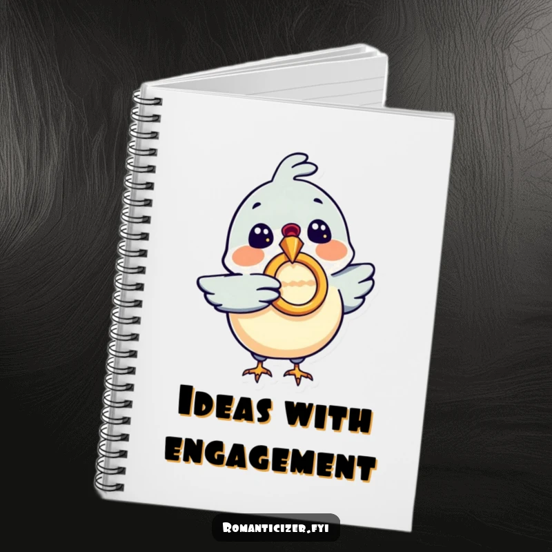 Funny notebook with an excited bird holding a ring, ideal for writing love notes and plans, a practical funny gift.
