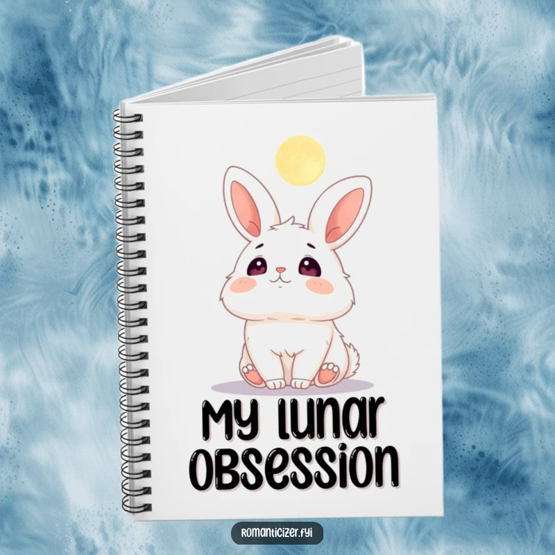 Funny notebook cover showing a fluffy bunny with wide, adoring eyes gazing up at a crescent moon.