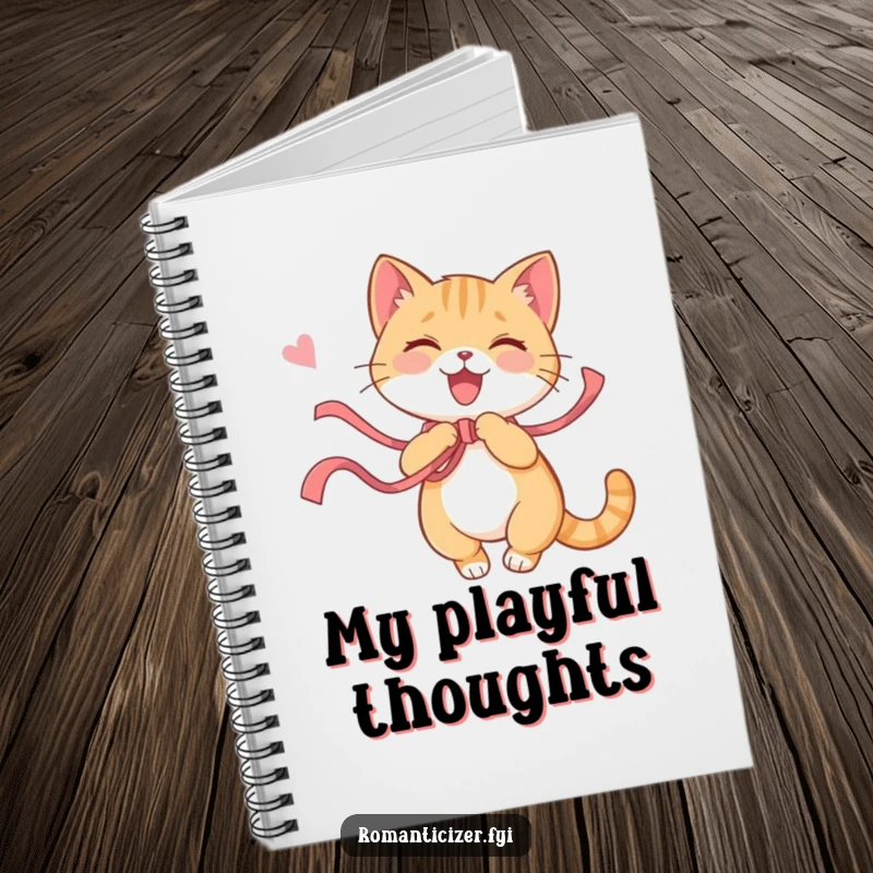 Funny cat notebook with a playful cat twirling with a ribbon, a look of pure joy on its face. Ideal for jotting down thoughts.