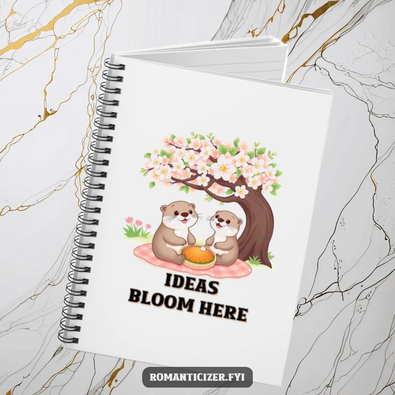 Funny cheerful otter notebook with a happy animal sharing a picnic under a blooming tree, ideal for jotting down thoughts with a joyful touch.