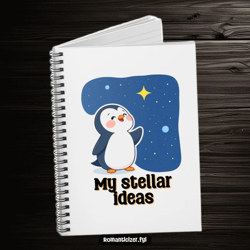 Funny delighted penguin notebook with a happy bird looking at a starry night sky, ideal for jotting down thoughts with a dreamy, cosmic touch.