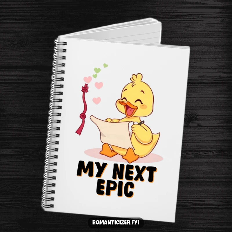 Funny notebook depicting a delighted duckling writing a love poem on a scroll, for journaling romantic thoughts humorously.